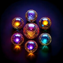 Wall Mural - Seven intricately designed, glowing spheres are arranged in a pattern against a dark background, each emitting a unique radiant color. The spheres have ornate patterns