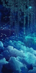 Poster - This abstract digital artwork features clouds and binary code elements, creating a futuristic atmosphere and reflecting modern technology. Perfect for tech themes.