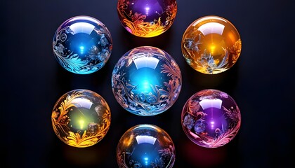 Wall Mural - A collection of colorful glass spheres is arranged in a circular pattern, each reflecting intricate patterns and glowing with vibrant hues of blue, orange, and purple. 