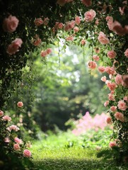 Wall Mural - Enchanting garden path framed by cascading pink roses and lush greenery creating a serene and romantic atmosphere with soft light and natural beauty