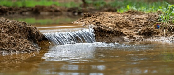 Poster - Serene cascade flowing over earthen dam into tranquil pond surrounded by lush greenery reflecting in calm water surface in natural light