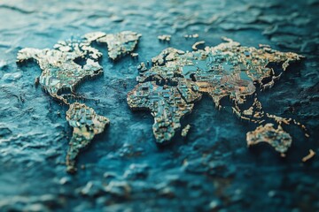 Poster - This artistic representation of a world map features intricate details on a textured ocean background, ideal for global concepts and visual storytelling.