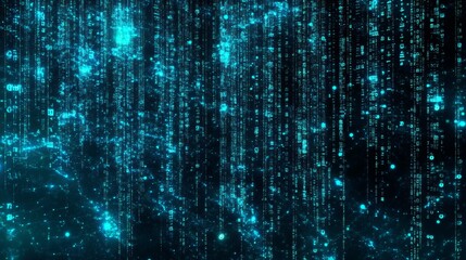 Poster - Abstract digital background featuring glowing blue binary code resembling a matrix rain effect, perfect for technology-related subjects or futuristic themes.