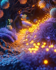 Poster - Vibrant Microbial World with Illuminated Bacteria and Colorful Flora
