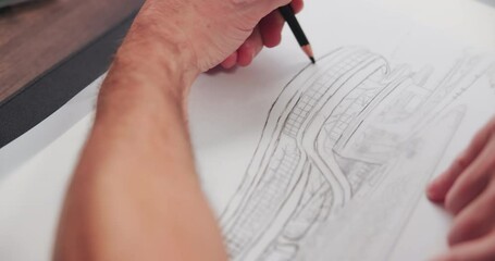 Aufkleber - Drawing, business and man in office, graphic designer and illustration for project. Person, computer and creativity in workplace, design editing and brainstorming with skills, talent and development