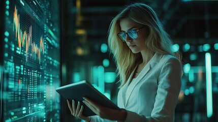 Poster - Businesswoman Using Tablet in Modern Office with Digital Data Display