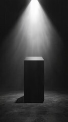 Poster - Dramatic Light Beam Illuminating a Black Pedestal in Dark Environment