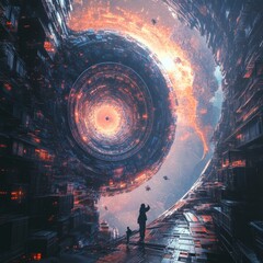 Poster - Explore a surreal landscape showcasing an upward spiral representing AI development. A blend of technology and imagination invites deep reflection on the future.