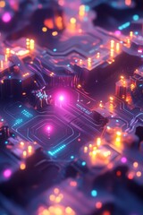 Poster - futuristic abstract circuit board with neon lights and glow effects