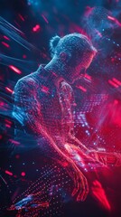 Poster - A woman is shown in a blurry, colorful image with a red background. The image is abstract and has a futuristic feel to it