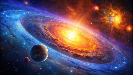 Wall Mural - a celestial tapestry vibrant nebulae, glowing stars, and planets orbiting a fiery galactic core