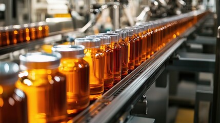 Poster - Industrial Conveyor Belt with Packaged Goods in a Factory Setting