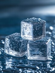 Poster - Captivating ice cubes stacked on reflective wet surface in cool blue tones studio shot evoking freshness and purity for beverage concepts