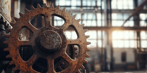 Poster - Industrial Gear in Abandoned Warehouse with Sunlight Streaming In