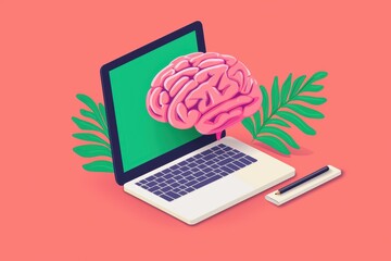 Poster - AI Generated Online Learning Concept with Creative Brain and Laptop Illustration
