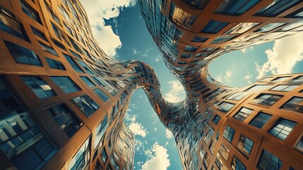 Poster - experience a surreal scene of twisting buildings reaching toward the sky, showcasing a unique blend 