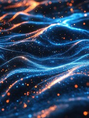 Poster - Abstract luminous waves in blue and orange hues creating a futuristic digital landscape with bokeh effect