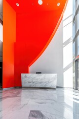 Poster - Vibrant Corporate Sanctuary Minimalist Marble Lobby with Bold Color Blocking - Innovative Workspace Design Inspiring Creativity and Modern Professional Aesthetic