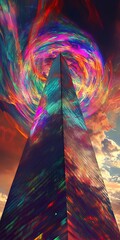Poster - A stunning view of a futuristic skyscraper under a colorful swirl of abstract art during dusk. This artwork evokes imagination and creativity through vivid colors.