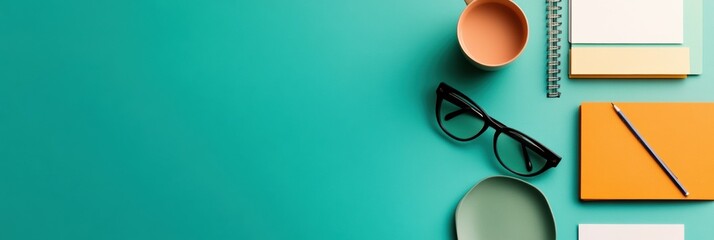 Poster - Minimalist Creative Workspace Sleek Color-Block Productivity Scene with Eyewear and Stationery - Gen Z Digital Entrepreneurship Aesthetic