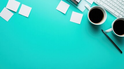 Poster - Minimalist Workspace Aesthetic Turquoise Digital Productivity Scene with Coffee and White Accents - Modern Remote Work Design for Creative Professionals