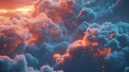Poster - A stunning digital visualization of cloud computing with a dreamy background filled with glowing data storage elements. Ideal for technology or innovation themes.