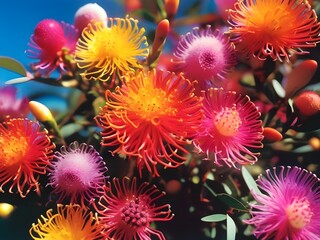 Wall Mural - Vibrant flowers in shades of orange, pink, and yellow bloom against a bright blue sky. Their striking, spiky petals give them a unique and eye-catching appearance. 