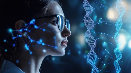 Poster - doctor analyzing medical technology and dna research in laboratory