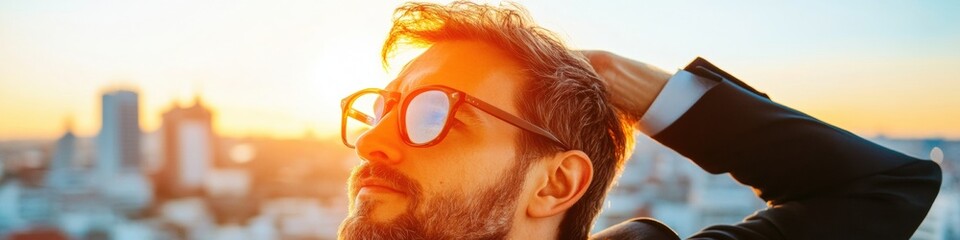 Poster - Future-Forward Leadership Entrepreneurial Visionary in Mirrored Sunglasses Navigating Urban Tech Horizon - Millennial Innovation and Strategic Inspiration