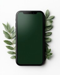 Aufkleber - Eco-Tech Minimalism Modern Smartphone with Verdant Green Screen and Natural Botanical Elements - Digital Sustainability for Creative Professionals