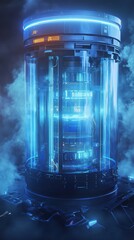 Poster - This striking image showcases a futuristic energy core with neon blue glow. Surrounded by a misty atmosphere, it emphasizes advanced technology and innovation.