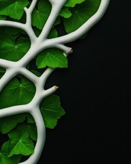 Poster - Biomimetic Design Innovation Organic White Neural Network Meets Emerald Green Leaves - Sustainable Interconnectivity Visualization for Tech and Nature Convergence