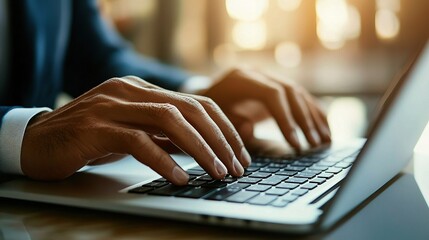 Poster - Close-Up of Businessman Hands Typing on Lap with Bright Background