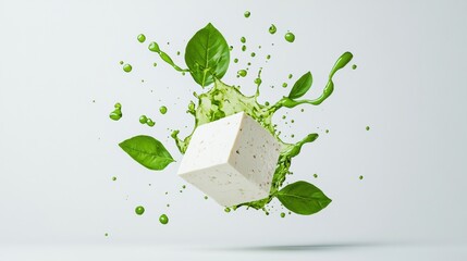 Poster - Eco-Kinetic Plant Protein Visualization Dynamic Tofu Cube with Organic Green Splash - Sustainable Food Innovation and Vegan Nutrition Concept