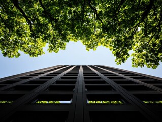 Poster - Sustainable Urban Architecture Minimalist Geometric Skyscraper Framed by Vibrant Green Foliage - Eco-Innovative Design Meets Modern Architectural Verticality