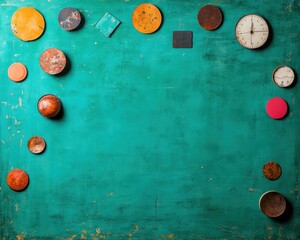 Aufkleber - Minimalist Time and Space Visualization Abstract Geometric Composition with Vintage Clocks and Colorful Circles on Textured Teal Background - Conceptual Design and Creative Thinking Inspiration