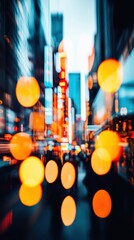 Poster - Urban Motion Blur Vibrant Cyberpunk Cityscape with Luminous Bokeh - Immersive Digital Experience Capturing Technological Energy and Metropolitan Dynamism