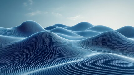 Poster - Abstract blue wave landscape with geometric pattern and soft sky gradient for digital background and modern design, capturing surreal texture and serene mood