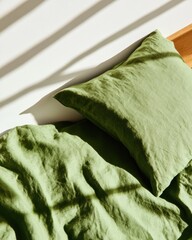 Aufkleber - Sage Green Bedding Aesthetic Minimalist Wellness Sanctuary - Soft Textural Linens Capturing Mindful Morning Tranquility for Gen Z Lifestyle Content