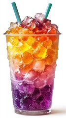 Poster - Refreshing summer beverage with colorful ice cubes and blue straws against a clean white background perfect for quenching thirst