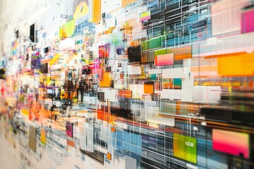 Wall Mural - A colorful abstract painting with many different shapes and colors. The painting is full of energy and movement, with the colors blending and overlapping in a dynamic way