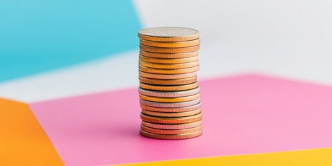 Aufkleber - Vibrant Geometric Financial Growth Visualization Minimalist Stacked Coins on Color-Block Surface Symbolizing Investment Momentum and Digital Wealth Strategy