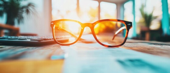 Poster - Minimalist Financial Planning Bold Orange Eyewear on Blurred Budget Workspace - Digital Productivity and Modern Personal Finance Strategy Essentials