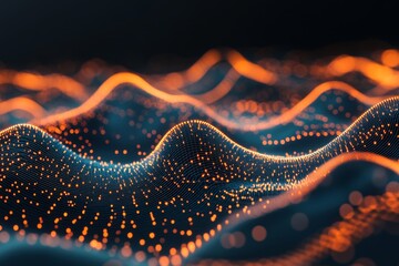 Poster - the image is a computer generated image of a wave with orange and blue colors. the wave is made up o