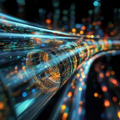 Poster - Vibrant abstract artwork showcasing dynamic data flow with bright colors and glowing lights. This futuristic design evokes a sense of innovation and motion.
