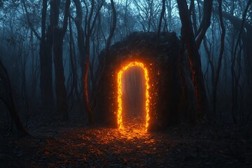 Poster - A captivating fiery portal illuminates a foggy forest, creating an enchanting scene of mystery and adventure. The glowing doorway invites exploration.