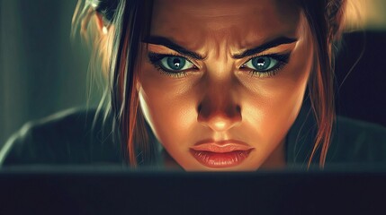 Poster - Businesswoman Deeply Focused on Laptop Screen with Intense Expression