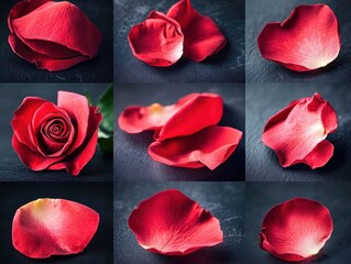 Poster - Romantic Red Rose Petal Collage on Dark Background Close Up Capturing Valentine's Day Beauty and Delicate Floral Arrangement for Love and Passion