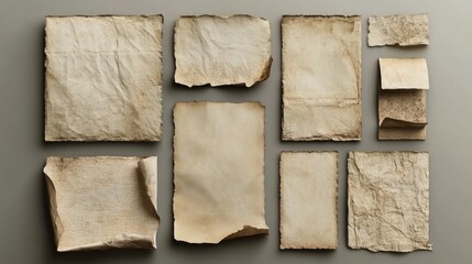 Poster - Collection of aged parchment sheets arranged on a neutral background showcasing vintage paper textures and antique document style for creative design projects