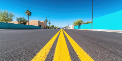 Aufkleber - Minimalist Urban Infrastructure Horizons Vibrant Yellow Roadway Perspective Showcasing Digital Age Connectivity and Spatial Design Innovation